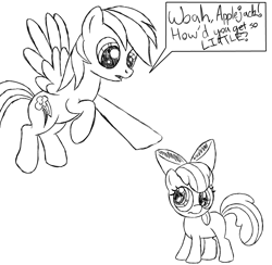 Size: 898x877 | Tagged: safe, artist:scootaloormayfly, derpibooru import, apple bloom, rainbow dash, earth pony, pegasus, pony, friendship is witchcraft, duo, duo female, female, filly, mare, monochrome, speech bubble