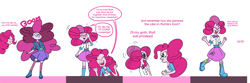 Size: 3028x1002 | Tagged: safe, artist:cyanoray, derpibooru import, pinkie pie, principal abacus cinch, equestria girls, alternate hairstyle, bust, clothes, dialogue, female, glasses, mind control, personality swap, transformation, transformation sequence