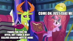 Size: 888x499 | Tagged: safe, derpibooru import, edit, edited screencap, screencap, thorax, twilight sparkle, twilight sparkle (alicorn), alicorn, changedling, changeling, pony, season 7, triple threat, book, caption, female, imminent sex, implied ember, implied embrax, implied sex, implied twirax, infidelity, king thorax, magic, male, mare, smiling, telekinesis, text, twilight's castle