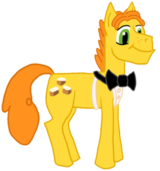 Size: 930x1000 | Tagged: safe, artist:ask-mr-cake, derpibooru import, carrot cake, earth pony, bowtie, looking down, male, simple background, solo, white background