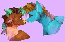 Size: 2000x1314 | Tagged: safe, artist:frosstish, derpibooru import, oc, oc only, oc:carbon, oc:sagebrush, earth pony, pegasus, pony, bedroom eyes, blue eyes, boop, bust, couple, cute, ears, earth pony oc, eye contact, eyelashes, eyes open, floppy ears, gay, green eyes, looking at each other, male, multicolored hair, multicolored mane, noseboop, oc x oc, pegasus oc, shading, shipping, smiling, stallion, surprised, wings