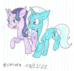 Size: 1207x1170 | Tagged: safe, artist:cmara, derpibooru import, starlight glimmer, trixie, pony, unicorn, female, lesbian, mare, open mouth, raised hoof, raised leg, shipping, simple background, startrix, traditional art, white background