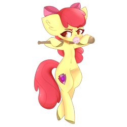 Size: 2000x2000 | Tagged: safe, artist:honeyheartbases, derpibooru import, apple bloom, earth pony, pony, apple bloom's bow, baseball bat, belly button, bipedal, bow, bubblegum, chewing gum, ear fluff, ears, female, filly, food, gum, hair bow, solo