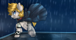 Size: 2060x1080 | Tagged: safe, artist:annakitsun3, derpibooru import, pegasus, pony, clothes, hood, jacket, jewelry, kingdom hearts, male, necklace, open mouth, pants, ponified, rain, roxas, shirt, solo, stallion, t-shirt, underhoof, wings, wristband