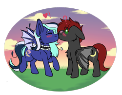 Size: 1455x1137 | Tagged: safe, artist:rokosmith26, derpibooru import, oc, oc only, oc:ivory mint, oc:shadow, bat pony, pony, bat pony oc, blushing, cheek fluff, chest fluff, cloud, collar, commission, complex background, duo, duo focus, ear fluff, ears, eyes closed, eyes open, female, floppy ears, grass, grass field, happy, heart, kissing, long mane, male, mare, oc x oc, raised hoof, raised leg, shipping, spread wings, stallion, standing, sunset, surprised, wingding eyes, wings, ych result