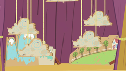 Size: 1280x720 | Tagged: safe, derpibooru import, screencap, flight to the finish, backdrop, background, cloud, curtain, house, mountain, no pony, rope, scene, scenic ponyville, tree