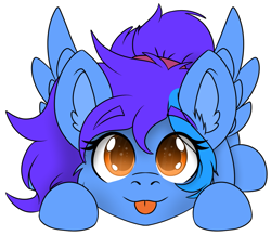 Size: 1251x1092 | Tagged: safe, alternate version, artist:rokosmith26, derpibooru import, oc, oc only, oc:angley, pegasus, pony, :p, cheek fluff, chibi, commission, cute, ear fluff, ears, eye clipping through hair, eyebrows, eyebrows visible through hair, female, hairband, looking at you, lying down, mare, pegasus oc, ponytail, simple background, solo, spread wings, tongue, tongue out, transparent background, wings, ych result