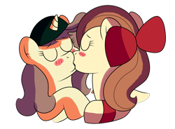 Size: 3040x2234 | Tagged: safe, artist:sparkfler85, derpibooru exclusive, derpibooru import, oc, oc only, oc:flani bainilye, oc:hymyt, earth pony, unicorn, blushing, bow, bracelet, female, freckles, hat, jewelry, kissing, lesbian, mare, romantic, simple background, transparent background