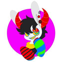 Size: 2160x2160 | Tagged: safe, artist:connorbal, derpibooru import, oc, oc only, oc:opie, pony, bright colours, clothes, freckles, horns, lineless, neon, pierced ears, piercing, rainbow, sharp teeth, solo, sweater, teeth