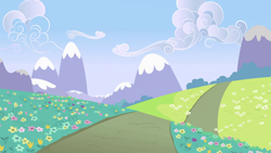 Size: 1280x720 | Tagged: safe, derpibooru import, screencap, flight to the finish, background, bush, cloud, flower, hill, mountain, no pony, road, scenic ponyville, sky
