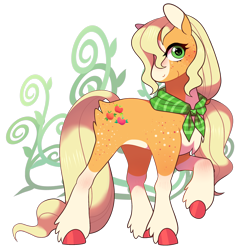 Size: 2012x2032 | Tagged: safe, artist:catbun-yt, derpibooru import, applejack, earth pony, pony, blaze (coat marking), blushing, butt fluff, coat markings, colored hooves, cute, facial markings, female, freckles, hatless, high res, hip freckles, jackabetes, leg fluff, looking at you, mare, missing accessory, neckerchief, redesign, shoulder freckles, simple background, smiling, smiling at you, socks (coat marking), solo, transparent background, unshorn fetlocks