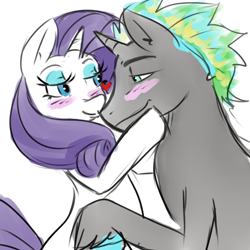 Size: 800x800 | Tagged: safe, artist:krispykakes, derpibooru import, rarity, oc, oc:tidal drift, pony, unicorn, blushing, canon x oc, female, floating heart, heart, hoof on face, lidded eyes, looking at each other, male, mare, raised hoof, raised leg, requested art, shipping, simple background, smiling, stallion, straight, unshorn fetlocks, white background