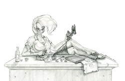 Size: 1500x976 | Tagged: safe, artist:baron engel, derpibooru import, mayor mare, anthro, earth pony, unguligrade anthro, fallout equestria, cleaning, desk, glasses, gun, handgun, looking at you, monochrome, patreon, patreon reward, pencil drawing, pistol, scar, solo, story included, traditional art, unshorn fetlocks, weapon