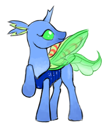 Size: 720x840 | Tagged: safe, artist:multiverseequine, derpibooru exclusive, derpibooru import, oc, oc only, oc:distant dream, changedling, changeling, bug eyes, changedling oc, changeling oc, female, horn, raised hoof, raised leg, simple background, smiling, solo, transparent background, transparent tail, transparent wings, wings