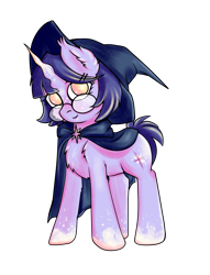 Size: 3029x3970 | Tagged: safe, alternate version, artist:coco-drillo, derpibooru import, twilight sparkle, unicorn twilight, pony, unicorn, alternate design, alternate hairstyle, chest fluff, cloak, clothes, ear fluff, ears, female, glasses, hat, high res, looking at you, mare, redesign, simple background, smiling, smiling at you, solo, standing, standing up, transparent background, witch hat