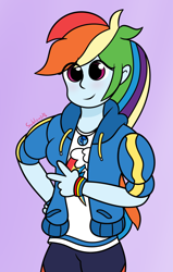 Size: 1050x1650 | Tagged: safe, artist:subleni, derpibooru import, rainbow dash, equestria girls, female, purple background, signature, simple background, solo