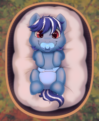 Size: 864x1057 | Tagged: safe, artist:binkyroom, derpibooru import, oc, pegasus, pony, baby, baby pony, basket, commission, diaper, finished version, looking at you, pacifier, smiling, smiling at you, solo, ych result