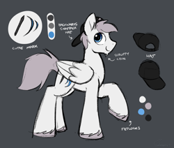 Size: 3069x2601 | Tagged: safe, artist:selenophile, derpibooru import, oc, oc only, oc:seleno, pegasus, pony, backwards ballcap, baseball cap, cap, chin fluff, colored sketch, cutie mark, folded wings, gray background, hat, high res, male, raised hoof, raised leg, reference sheet, simple background, smiling, solo, stallion, unshorn fetlocks, wings