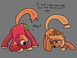 Size: 4000x3000 | Tagged: safe, artist:fumalunga, derpibooru import, applejack, big macintosh, earth pony, pony, brother and sister, dialogue, face down ass up, female, gray background, jacko challenge, male, mare, meme, siblings, simple background, stallion