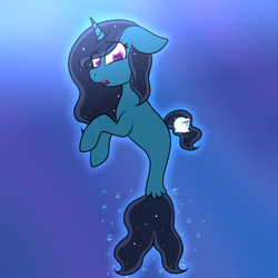 Size: 2000x2000 | Tagged: safe, artist:okimichan, derpibooru import, oc, oc only, pony, seapony (g4), unicorn, bubble, crepuscular rays, dorsal fin, fish tail, flowing mane, flowing tail, horn, open mouth, purple eyes, seaponified, solo, species swap, sunlight, swimming, tail, underwater