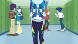 Size: 3410x1920 | Tagged: safe, derpibooru import, screencap, curly winds, heath burns, rainbow dash, some blue guy, equestria girls, equestria girls series, run to break free, spoiler:eqg series (season 2), clothes, cutie mark, cutie mark on clothes, female, geode of super speed, hallway, hoodie, jewelry, lockers, magical geodes, male, necklace, open mouth