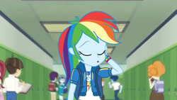 Size: 3410x1920 | Tagged: safe, derpibooru import, screencap, curly winds, heath burns, rainbow dash, scribble dee, some blue guy, wiz kid, equestria girls, equestria girls series, run to break free, spoiler:eqg series (season 2), :o, backpack, clothes, cutie mark, cutie mark on clothes, eyes closed, female, geode of super speed, hallway, hoodie, jewelry, lockers, magical geodes, male, necklace, open mouth