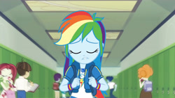 Size: 3410x1920 | Tagged: safe, derpibooru import, screencap, curly winds, rainbow dash, scribble dee, some blue guy, wiz kid, equestria girls, equestria girls series, run to break free, spoiler:eqg series (season 2), backpack, clothes, cutie mark, cutie mark on clothes, eyes closed, female, geode of super speed, hallway, hoodie, jewelry, lip bite, lockers, magical geodes, male, necklace