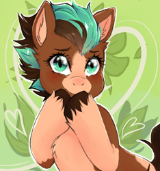 Size: 700x747 | Tagged: safe, artist:the-cat1, derpibooru import, oc, oc:sagebrush, earth pony, pony, brush, coat markings, covering mouth, earth pony oc, green eyes, hooves, hooves up, male, multicolored hair, multicolored mane, multicolored tail, pinto, shading, smiling, solo, stallion, transgender, unshorn fetlocks