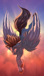 Size: 1654x2850 | Tagged: safe, artist:ask-colorsound, derpibooru import, oc, oc only, oc:carbon, pegasus, pony, blue eyes, brown mane, colored wings, eyes closed, falling, male, multicolored wings, pegasus oc, shading, sky, solo, spread wings, stallion, sun, unshorn fetlocks, wings