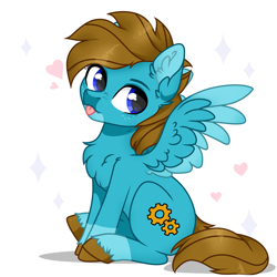 Size: 4000x4000 | Tagged: safe, artist:skairsy, derpibooru import, oc, oc only, oc:carbon, pegasus, pony, brown mane, colored wings, cute, happy, heart, male, multicolored wings, pegasus oc, sitting, smiling, solo, sparkles, spread wings, tongue, tongue out, unshorn fetlocks, wings