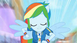 Size: 3410x1920 | Tagged: safe, derpibooru import, screencap, rainbow dash, better together, equestria girls, run to break free, backpack, clothes, cutie mark, cutie mark on clothes, eyes closed, female, geode of super speed, hoodie, jewelry, lip bite, magical geodes, necklace, ponied up, rainbow trail, smiling, solo, spread wings, wings