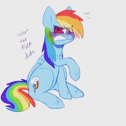 Size: 1242x1242 | Tagged: safe, artist:mclovin, derpibooru import, rainbow dash, pegasus, pony, angry, blushing, disgusted, female, frown, looking at you, mare, sitting, sketch, solo, sweat, vulgar