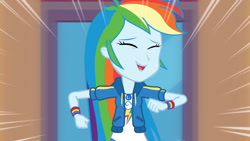 Size: 3410x1920 | Tagged: safe, derpibooru import, screencap, rainbow dash, better together, equestria girls, run to break free, clothes, cutie mark, cutie mark on clothes, eyes closed, female, geode of super speed, hoodie, jewelry, magical geodes, necklace, open mouth, solo