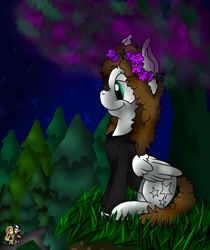 Size: 1723x2048 | Tagged: safe, artist:millefaller, derpibooru import, oc, human, pegasus, pony, clothes, dipper pines, female, gravity falls, mare, night, outdoors, pacifica northwest, pegasus oc, smiling, stars, tree, wings