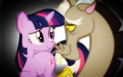 Size: 540x340 | Tagged: safe, derpibooru import, edit, edited screencap, screencap, discord, twilight sparkle, alicorn, draconequus, pony, discolight, female, fimfiction, lighting, looking at each other, male, mare, raised hoof, raised leg, shipping, story included, straight