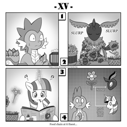 Size: 1200x1200 | Tagged: safe, artist:vavacung, derpibooru import, queen chrysalis, spike, twilight sparkle, twilight sparkle (alicorn), alicorn, dragon, insect, moth, comic:out of chrysalis, female, male, monochrome, species swap