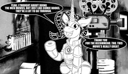 Size: 1250x725 | Tagged: safe, artist:jamescorck, derpibooru import, oc, oc:movie slate, pony, unicorn, clothes, cosplay, costume, female, film projector, iron man, mare, monochrome, solo