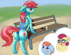 Size: 1959x1512 | Tagged: safe, artist:shaliwolf, derpibooru import, posey shy, windy whistles, oc, oc:gentle breeze, pegasus, pony, bench, blushing, butt, clothes, commissioner:bigonionbean, female, flank, fusion, fusion:gentle breeze, glasses, mare, plot, sunscreen, swimsuit, wings, writer:bigonionbean