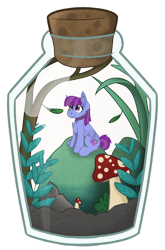 Size: 2228x3368 | Tagged: safe, artist:rokosmith26, derpibooru import, oc, oc only, oc:eminence bloom, pegasus, pony, bottle, cheek fluff, chest fluff, choker, commission, cork, female, folded wings, grass, leaves, looking up, mare, micro, mushroom, pegasus oc, plant, pony in a bottle, simple background, sitting, smiling, transparent background, trapped, wings, ych result