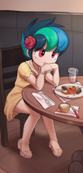 Size: 492x1016 | Tagged: safe, artist:pestil, oc, oc only, oc:apogee, human, chair, child, clothes, cropped, cute, diageetes, dress, explicit source, feet, female, food, human female, humanized, humanized oc, ocbetes, sandals, sitting, solo, table