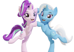 Size: 3840x2728 | Tagged: safe, artist:xppp1n, starlight glimmer, trixie, pony, unicorn, 3d, blender, blender cycles, duo, female, looking at you, mare, open mouth, scene interpretation, simple background, smiling, transparent background