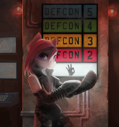 Size: 6175x6600 | Tagged: safe, artist:blvckmagic, derpibooru import, oc, oc:claret, earth pony, pony, bipedal, clothes, defcon, future, jumpsuit, ok hand sign, pauldron, solo, technology