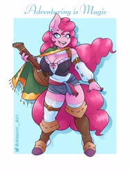 Size: 3072x4096 | Tagged: safe, artist:ambris, derpibooru import, pinkie pie, anthro, earth pony, unguligrade anthro, adventuring is magic, bard, bard pie, breasts, clothes, colored pupils, fantasy class, female, lute, multiple variants, musical instrument, open mouth, pinkie pies, raised leg, remake, smiling, solo, weapon