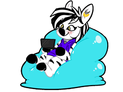 Size: 960x720 | Tagged: safe, artist:krispykakes, derpibooru import, oc, oc only, oc:pixel, zebra, beanbag chair, blushing, clothes, commission, ear piercing, earring, female, freckles, hoodie, jewelry, mare, piercing, playing video games, simple background, smiling, solo, transparent background, video game, zebra oc