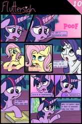 Size: 1280x1935 | Tagged: safe, artist:pony-thunder, derpibooru import, fluttershy, rarity, twilight sparkle, twilight sparkle (alicorn), alicorn, pegasus, pony, unicorn, comic:fluttersigh, comic, female, frown, library, mare, open mouth, talking, trio, trio female