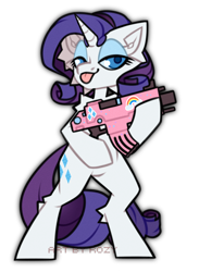 Size: 2000x2725 | Tagged: safe, artist:rozy, derpibooru import, rarity, pony, unicorn, :p, bipedal, bolter, crossover, female, gun, simple background, solo, tongue, tongue out, transparent background, warhammer (game), warhammer 40k, weapon