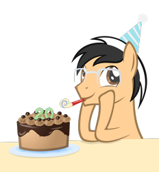 Size: 2780x3000 | Tagged: safe, artist:strategypony, derpibooru import, oc, oc only, oc:lancer, earth pony, pony, birthday, birthday cake, cake, food, glasses, hat, male, party hat, party whistle, plate, simple background, solo, stallion, table, transparent background, two toned mane