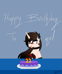 Size: 2529x3000 | Tagged: safe, artist:princessmoonsilver, derpibooru import, oc, oc:valeria-chan, alicorn, birthday, birthday cake, cake, food, solo