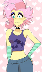 Size: 2565x4342 | Tagged: safe, artist:lyonzyon, derpibooru import, fluttershy, better together, equestria girls, the road less scheduled, the road less scheduled: fluttershy, spoiler:choose your own ending (season 2), bare shoulders, belly button, blushing, choker, clothes, ear piercing, earring, eyeshadow, female, fingerless gloves, flutterpunk, gloves, jewelry, looking at you, makeup, metalshy, piercing, sleeveless, solo, spiked choker, striped gloves, tanktop