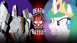 Size: 1193x672 | Tagged: safe, artist:terry, derpibooru import, princess celestia, alicorn, pony, robot, season 9, the ending of the end, angry, clash of hasbro's titans, death battle, decepticon, exploitable meme, megatron, meme, transformers